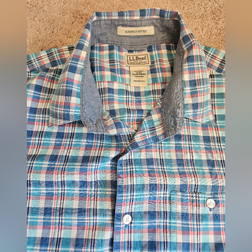 L.L. Bean Shirt Mens XL Multicolor Plaid Short Sleeve Button Up Casual Light